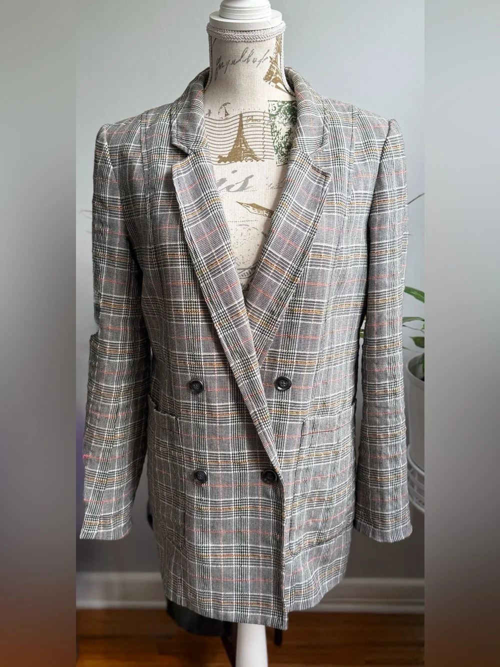 Maeve Anthropologie Plaid Double Breasted Blazer Size 6 Gray Check Career Jack
